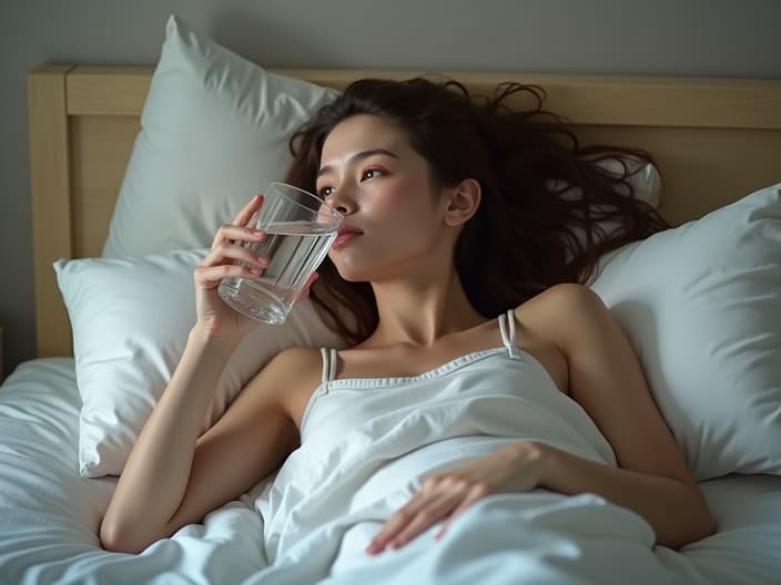 Person drinking a glass of water and stretching in bed