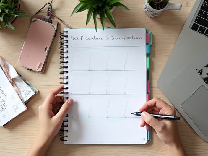 Person efficiently organizing a planner, surrounded by productivity tools