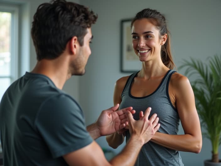 Person exercising for depression relief, trainer explaining benefits