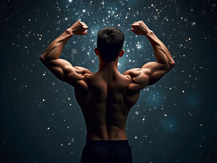 Person exercising with a starry background, dramatic studio lighting, fitness theme