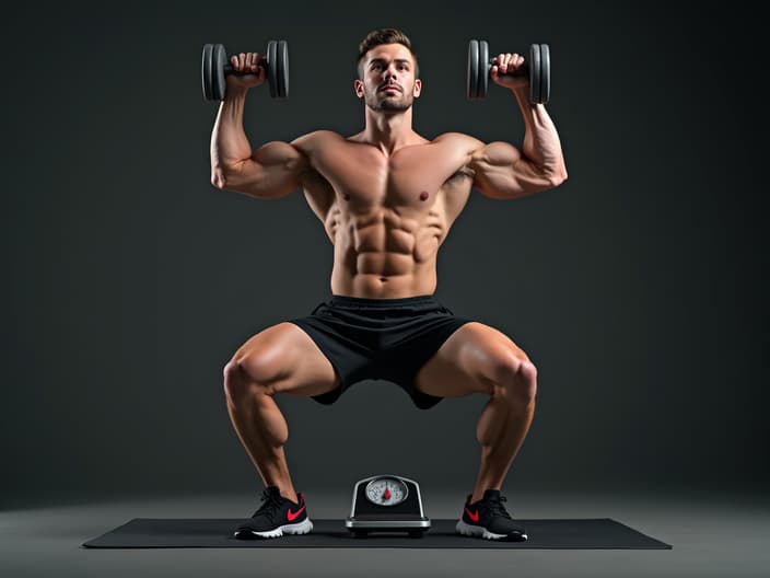 Person exercising with a weight scale in the background, studio photography