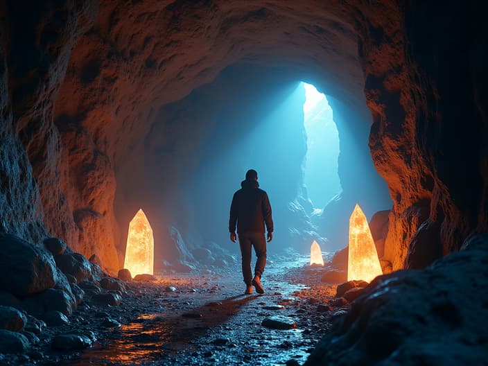 Person exploring a cave with glowing crystals and zodiac symbols, dramatic studio lighting, talent theme