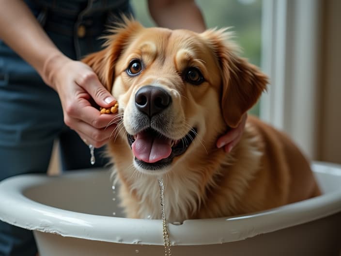 Person gently bathing a reluctant dog, using treats and positive reinforcement