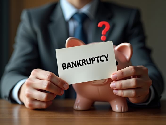 Person holding 'BANKRUPTCY' notice, piggy bank with question mark above it