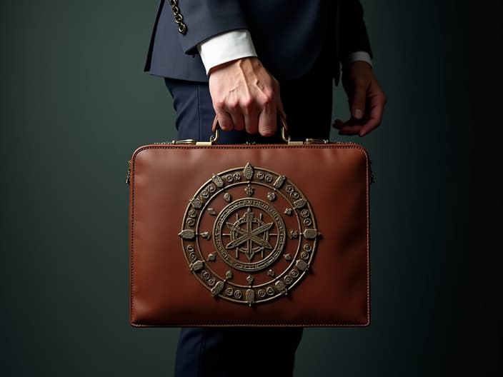 Person holding a briefcase with intertwined astrological symbols, soft studio lighting, investment theme