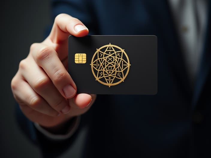 Person holding a credit card with intertwined astrological symbols, soft studio lighting, finance theme