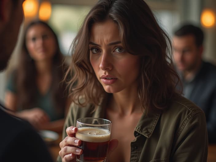 Person holding a drink, with a worried expression and a support group in the background