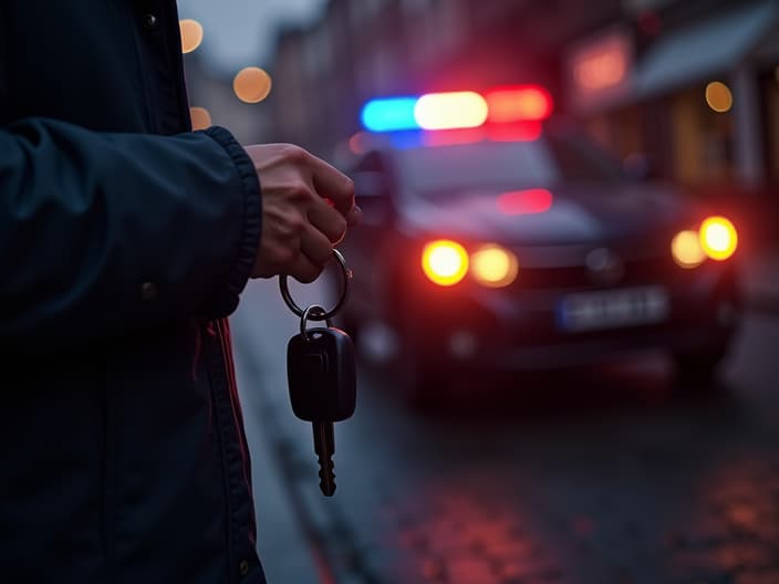 Person holding car keys with police lights reflecting on vehicle in background