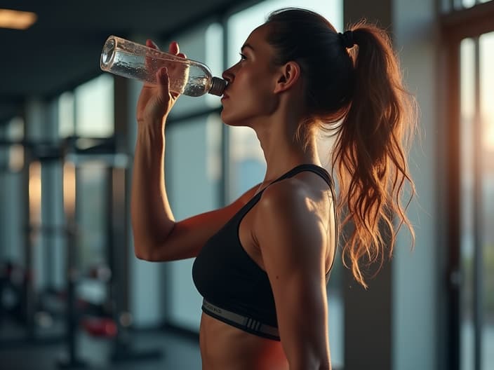 Person hydrating during workout, water bottle and exercise equipment visible