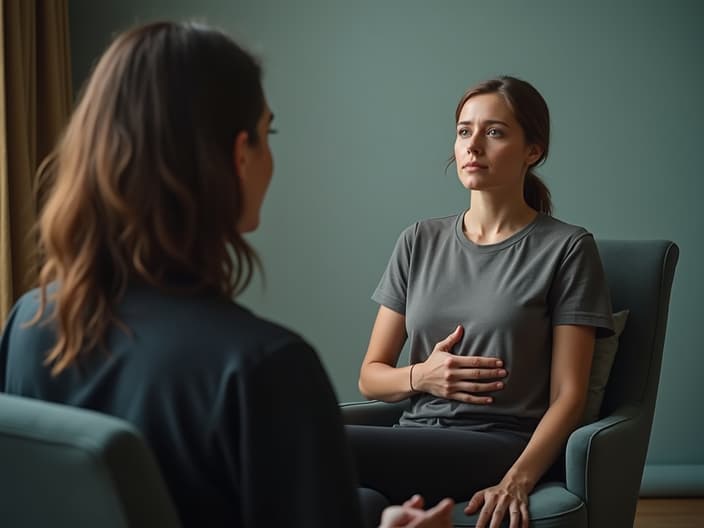 Person in a therapy session with a calm background, studio lighting