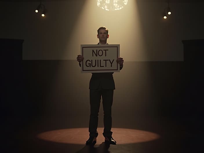 Person in spotlight holding 'NOT GUILTY' sign, courtroom silhouette in background