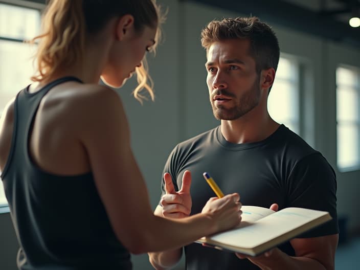 Person keeping workout journal, trainer explaining benefits