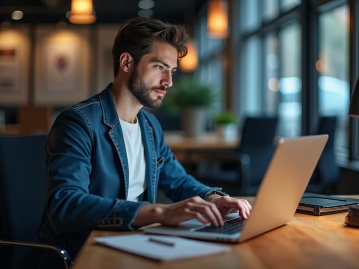 Person learning Python on laptop, modern office setting