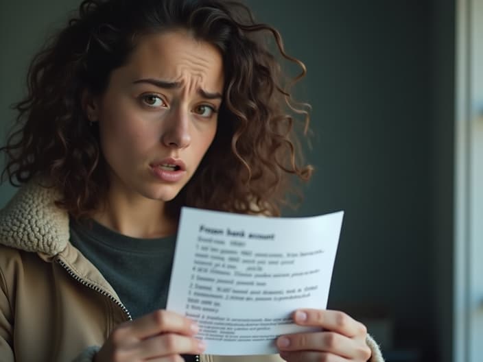 Person looking at a frozen bank account notice, with a worried expression