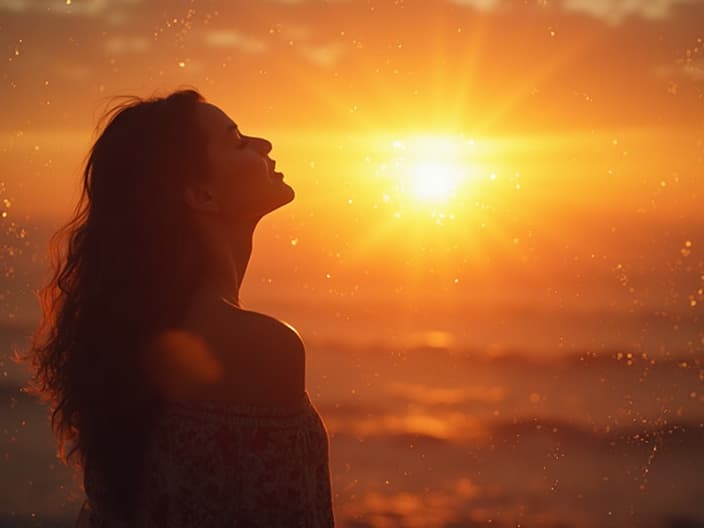 Person looking at a sunrise with a hopeful expression, surrounded by positive affirmations