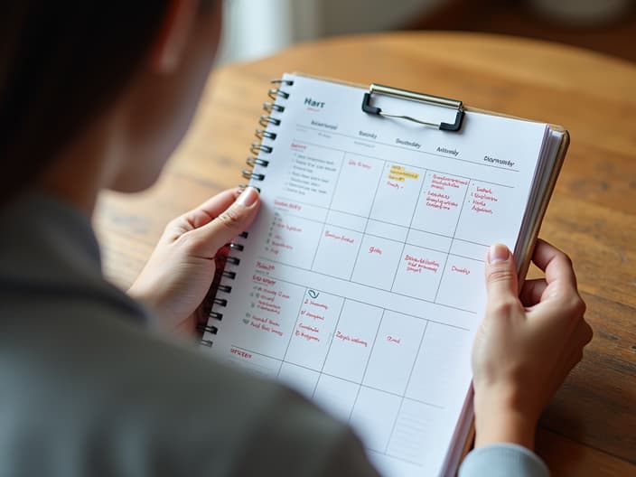 Person looking at a well-organized daily planner with self-care activities highlighted