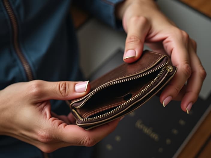 Person looking at an empty wallet, with a calendar in the background