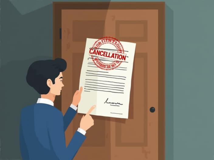 Person looking at door-to-door sales contract with 'CANCELLATION' stamp hovering above