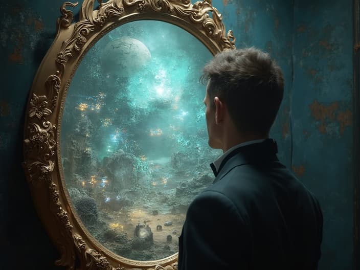 Person looking into a mystical mirror showing multiple futures, studio setup