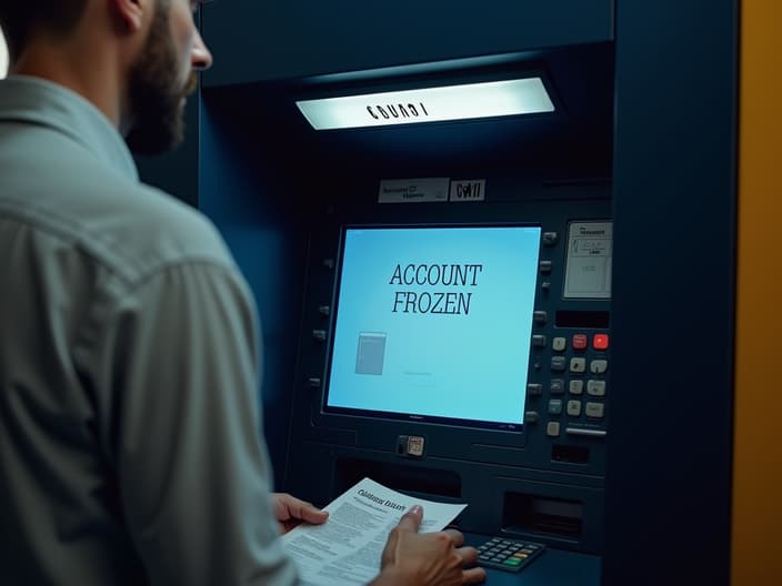 Person looking shocked at ATM screen showing 'ACCOUNT FROZEN', legal documents nearby