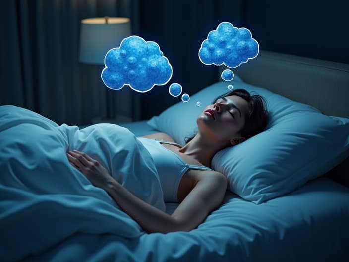 Person lying awake in bed with thought bubbles showing stress factors