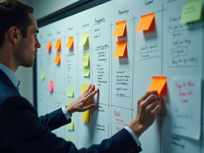 Person managing a complex project board with sticky notes and timelines, professional studio shot