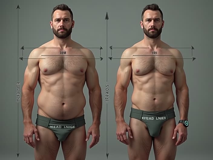 Person measuring body metrics, before and after comparison