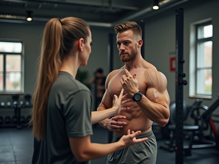 Person measuring progress with home workout, trainer explaining tracking methods