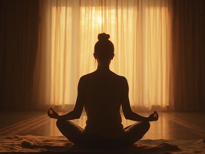 Person meditating in a peaceful room, soft lighting