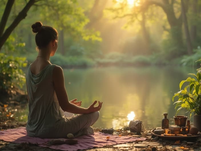 Person meditating in a peaceful setting with creative tools nearby