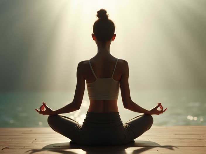 Person meditating with a calm background, soft focus studio shot