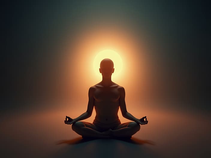 Person meditating with a glowing aura, soft studio lighting, stress relief theme