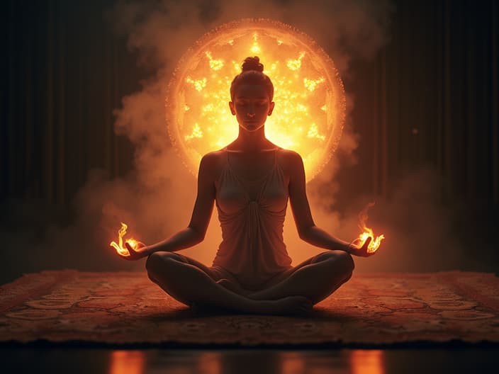 Person meditating with a glowing aura, studio shot