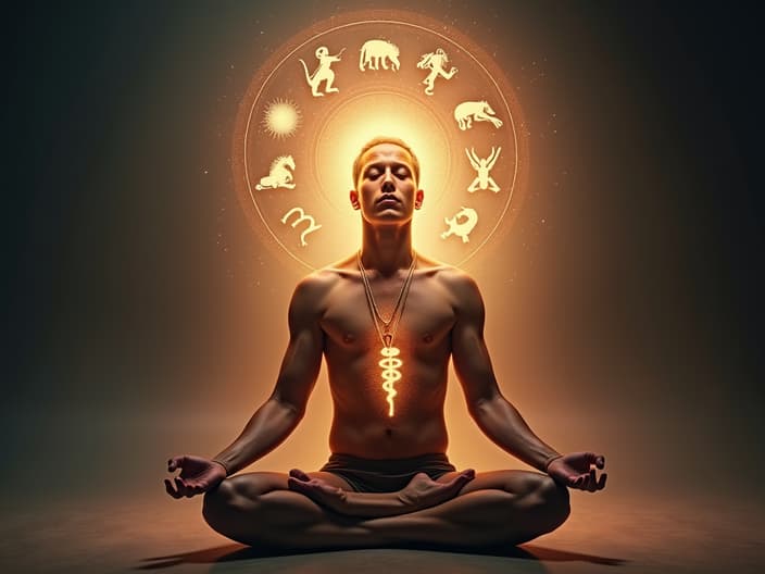 Person meditating with a glowing aura and zodiac symbols, soft studio lighting, intuition theme