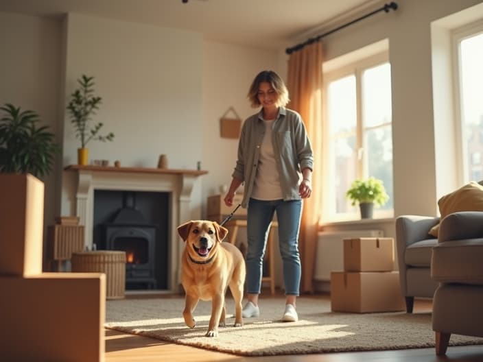 Person moving into a new home with a dog, with boxes and furniture in the background