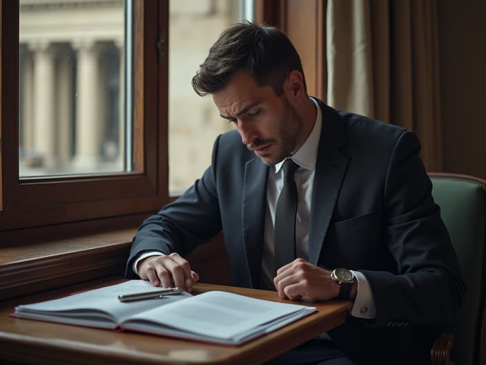 Person nervously organizing legal documents and suit before court appearance, courthouse facade visible through window