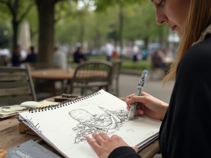 Person observing and sketching interesting objects or scenes in a park or cafe