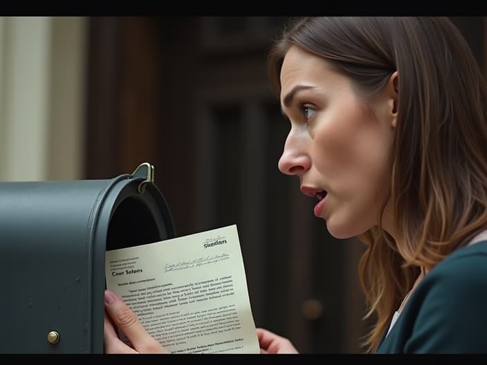 Person opening mailbox to find official court summons, expression of surprise and concern