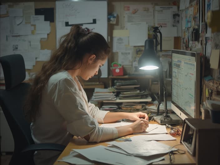 Person organizing a cluttered desk, looking determined