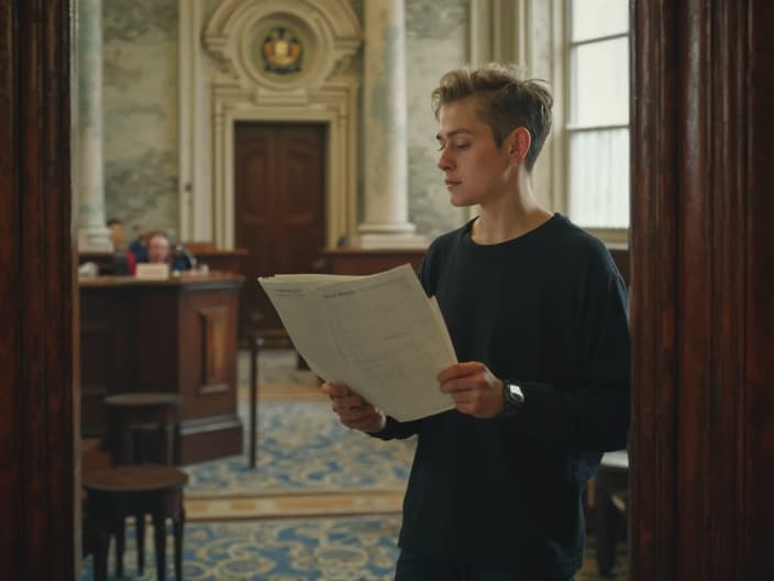 Person organizing documents and practicing speech in mirror, courthouse in background