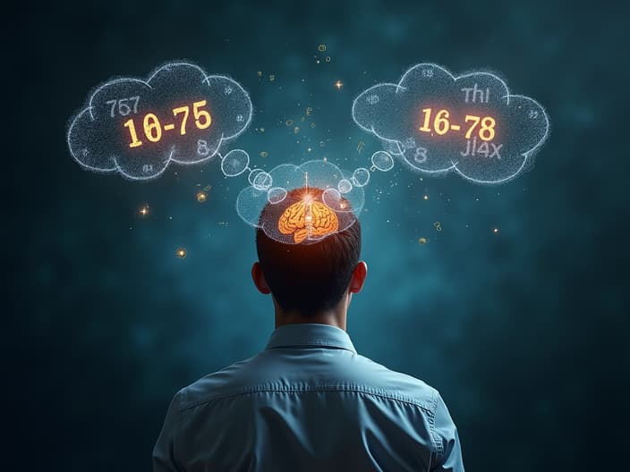 Person performing mental calculations with thought bubbles showing numbers and operations