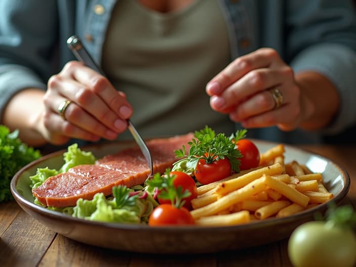 Person planning a meal with a balanced ratio of proteins, carbs, and vegetables