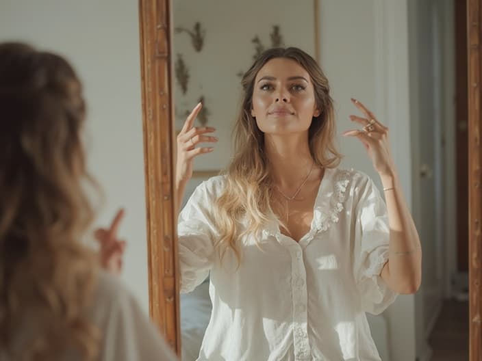 Person practicing positive body language in front of a mirror