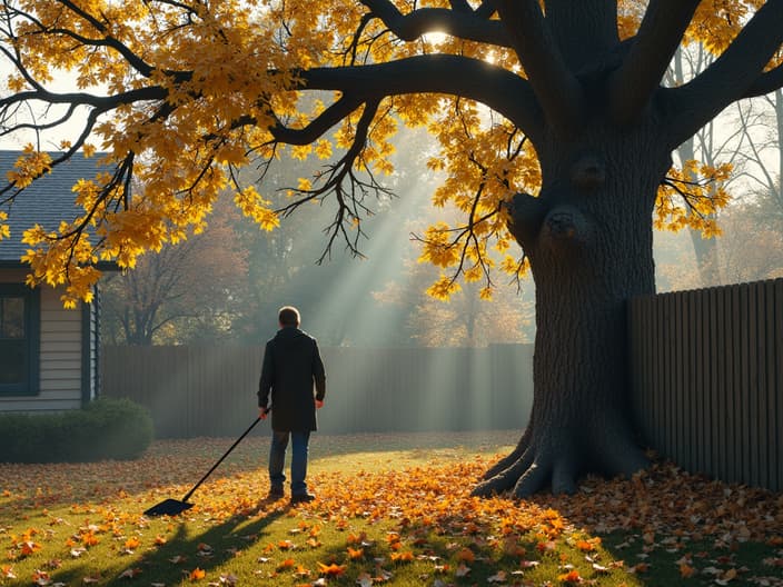 Person raking leaves, large tree branches extending over fence from neighbor's yard