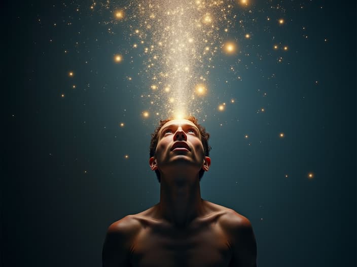 Person reaching up to the stars with a glowing aura, studio photography