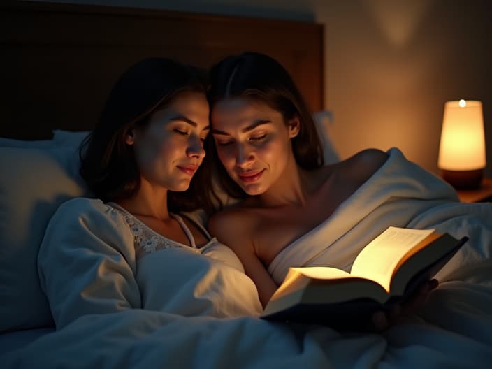 Person reading a book to their partner in bed, soft lamplight