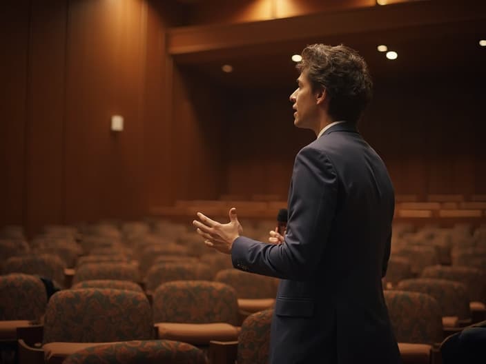 Person rehearsing a speech in an empty auditorium or conference room