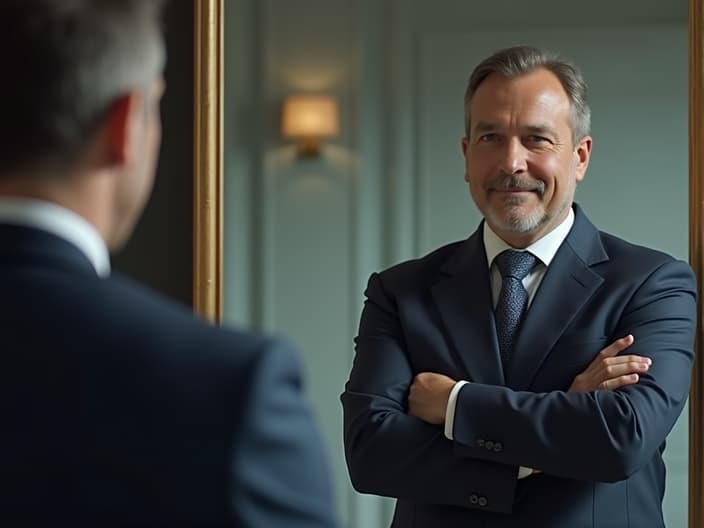 Person rehearsing for corporate job interview in front of mirror, professional attire