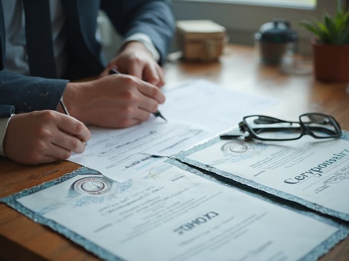 Person reviewing various professional certifications, organized desk with certificate examples