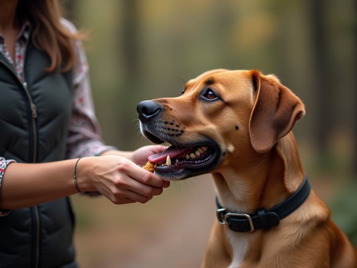 Person rewarding a dog with treats during a positive reinforcement training session